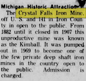 Crystal Falls Iron Mine - Nov 1971 Ad